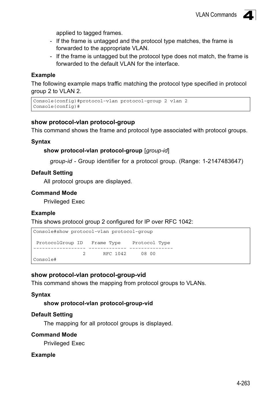Show protocol-vlan protocol-group, Show protocol-vlan protocol-group-vid | Accton Technology Edge-corE Fast Ethernet Switch ES3528M-SFP User Manual | Page 559 / 644