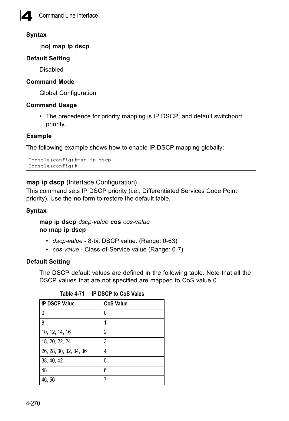 Map ip dscp (interface configuration), Table 4-71, Ip dscp to cos vales | Accton Technology Edge-corE Fast Ethernet Switch ES3528M-SFP User Manual | Page 566 / 644