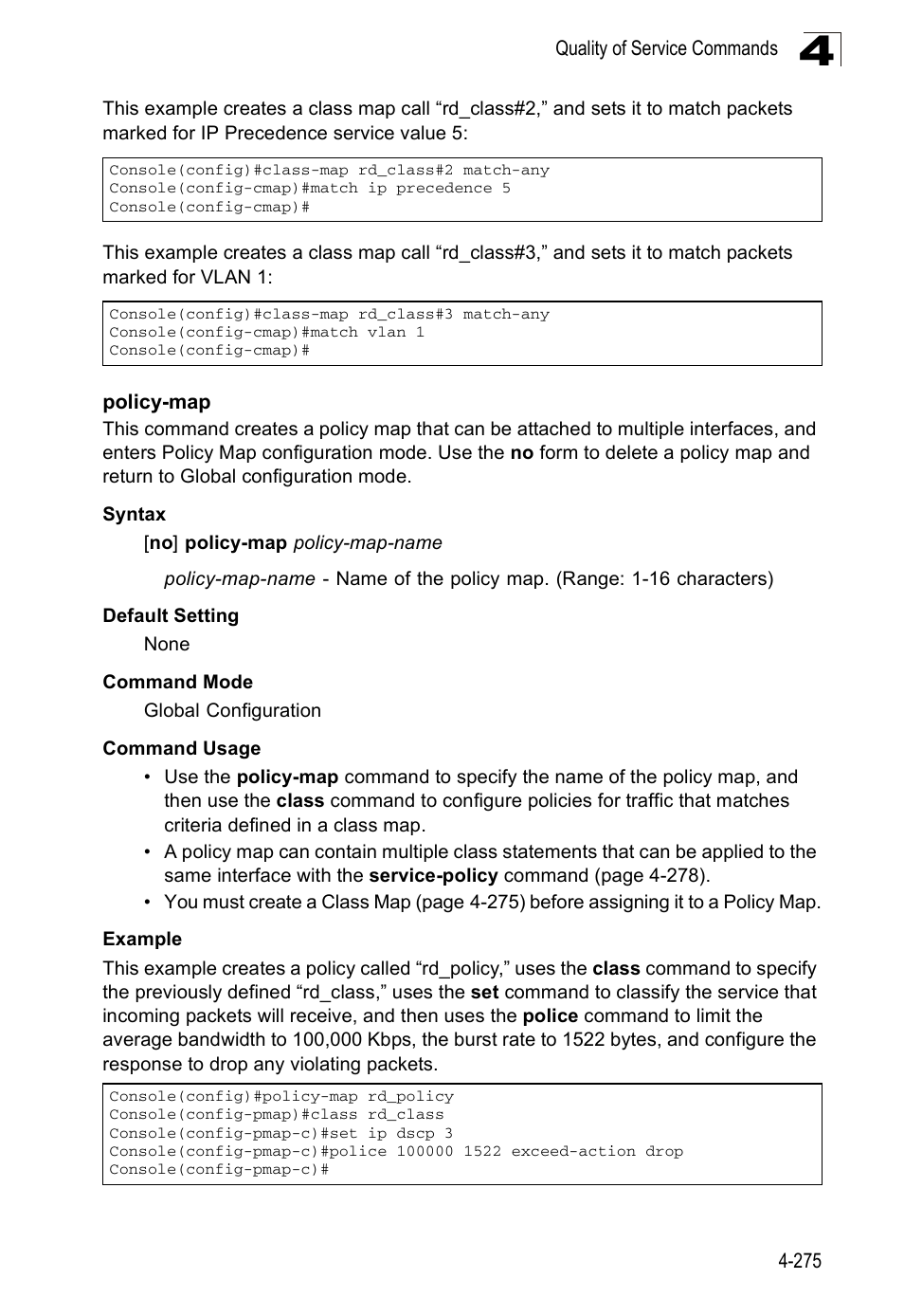 Policy-map 4-275 | Accton Technology Edge-corE Fast Ethernet Switch ES3528M-SFP User Manual | Page 571 / 644