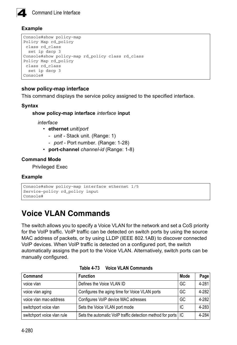 Voice vlan commands, Show policy-map interface, Table 4-73 | Accton Technology Edge-corE Fast Ethernet Switch ES3528M-SFP User Manual | Page 576 / 644