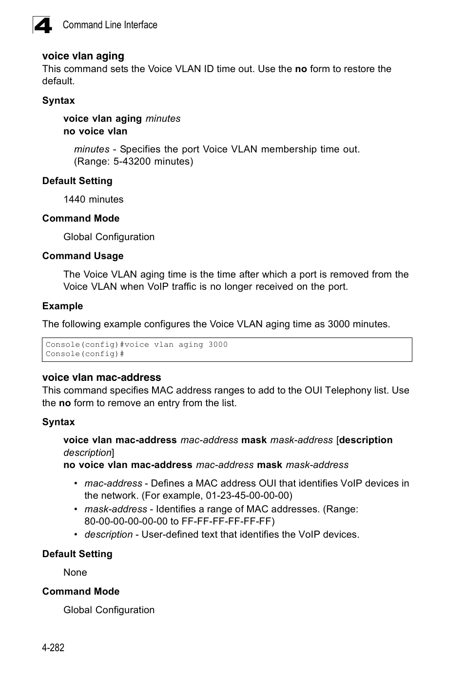 Voice vlan aging, Voice vlan mac-address | Accton Technology Edge-corE Fast Ethernet Switch ES3528M-SFP User Manual | Page 578 / 644