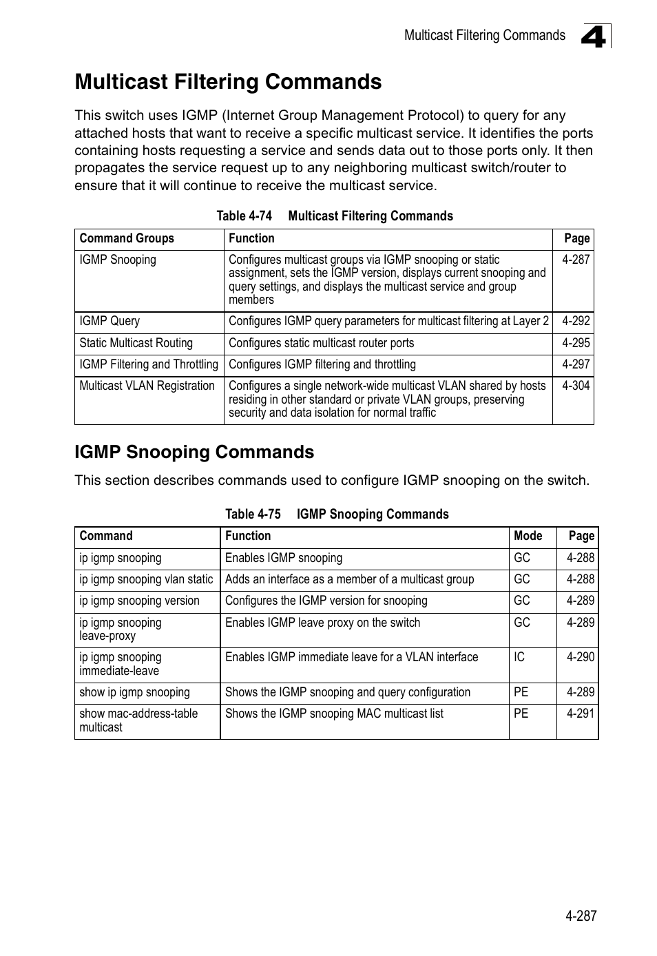 Multicast filtering commands, Igmp snooping commands, Table 4-74 | Table 4-75 | Accton Technology Edge-corE Fast Ethernet Switch ES3528M-SFP User Manual | Page 583 / 644