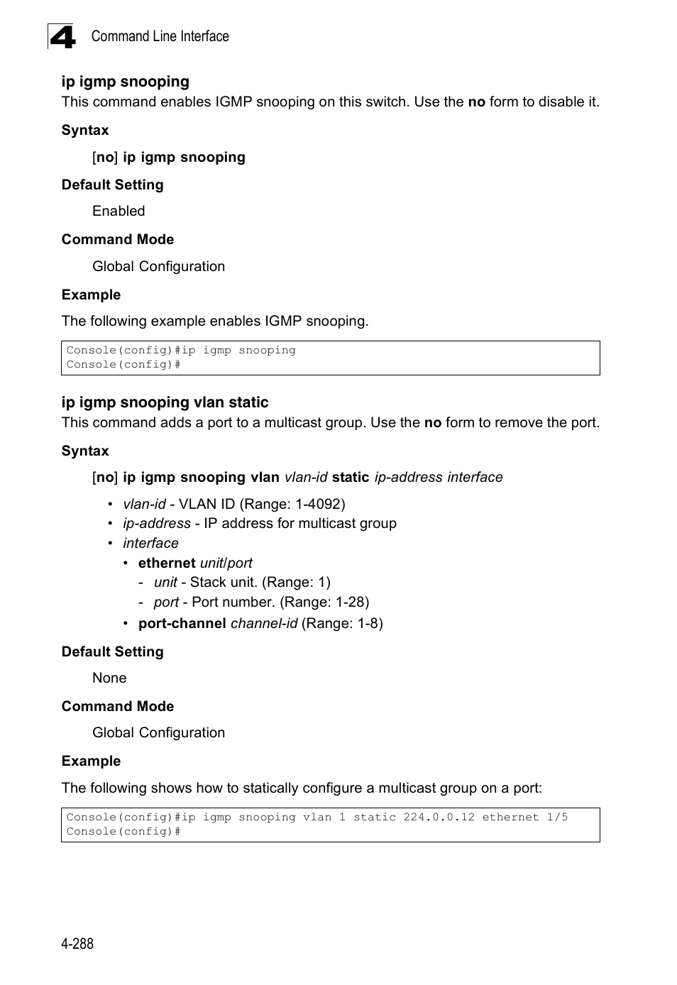 Ip igmp snooping, Ip igmp snooping vlan static | Accton Technology Edge-corE Fast Ethernet Switch ES3528M-SFP User Manual | Page 584 / 644