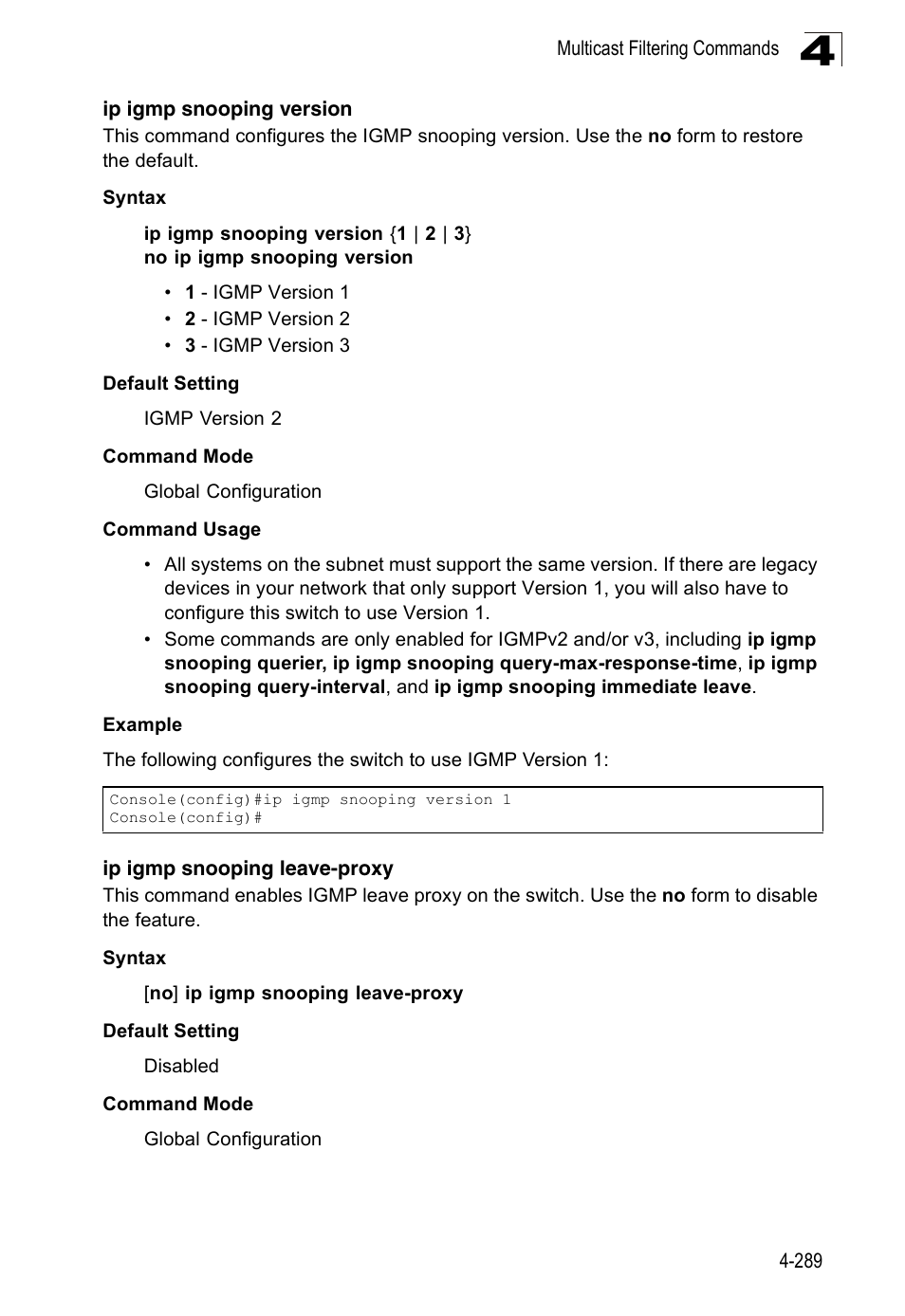 Ip igmp snooping version, Ip igmp snooping leave-proxy | Accton Technology Edge-corE Fast Ethernet Switch ES3528M-SFP User Manual | Page 585 / 644