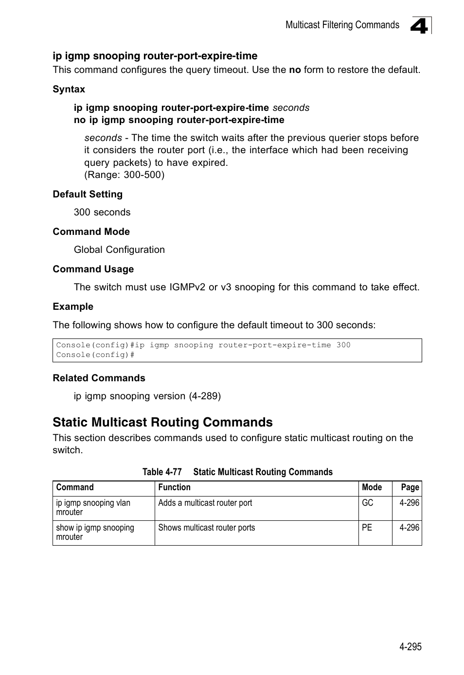 Static multicast routing commands, Ip igmp snooping router-port-expire-time, Table 4-77 | Accton Technology Edge-corE Fast Ethernet Switch ES3528M-SFP User Manual | Page 591 / 644