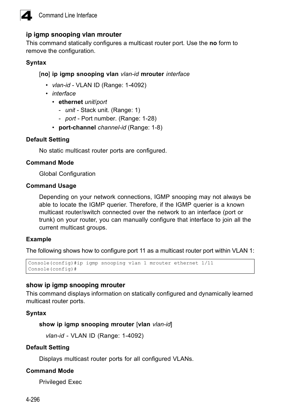 Ip igmp snooping vlan mrouter, Show ip igmp snooping mrouter | Accton Technology Edge-corE Fast Ethernet Switch ES3528M-SFP User Manual | Page 592 / 644