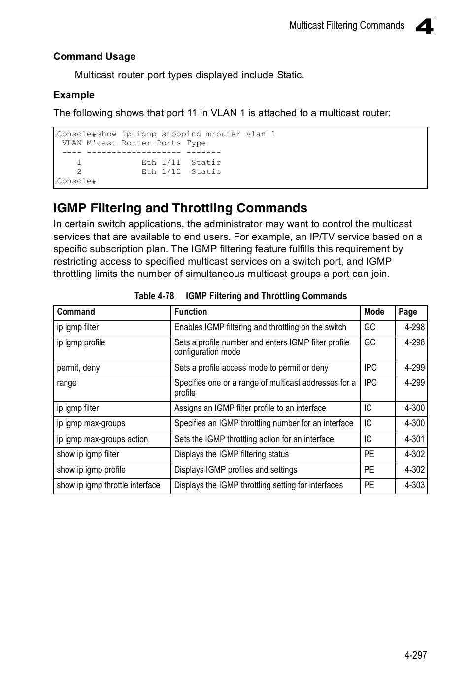 Igmp filtering and throttling commands, Table 4-78 | Accton Technology Edge-corE Fast Ethernet Switch ES3528M-SFP User Manual | Page 593 / 644