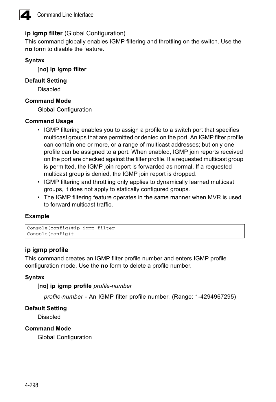 Ip igmp filter (global configuration), Ip igmp profile | Accton Technology Edge-corE Fast Ethernet Switch ES3528M-SFP User Manual | Page 594 / 644