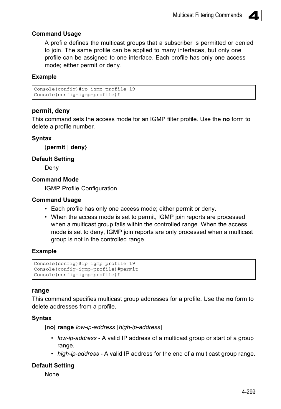 Permit, deny, Range 4-299 | Accton Technology Edge-corE Fast Ethernet Switch ES3528M-SFP User Manual | Page 595 / 644