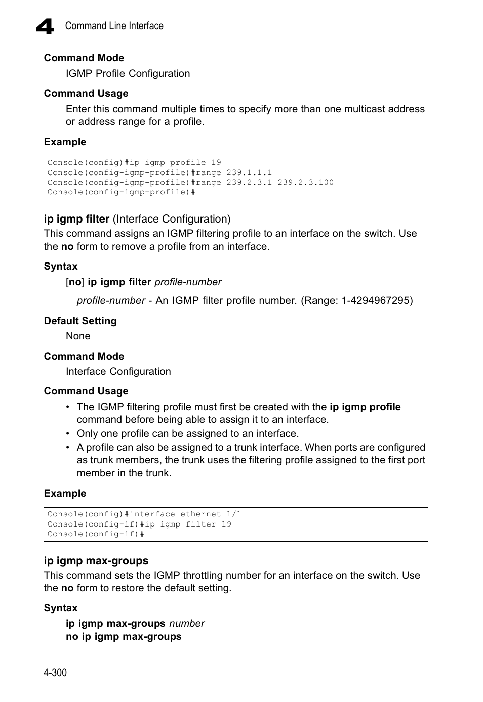 Ip igmp filter (interface configuration), Ip igmp max-groups | Accton Technology Edge-corE Fast Ethernet Switch ES3528M-SFP User Manual | Page 596 / 644