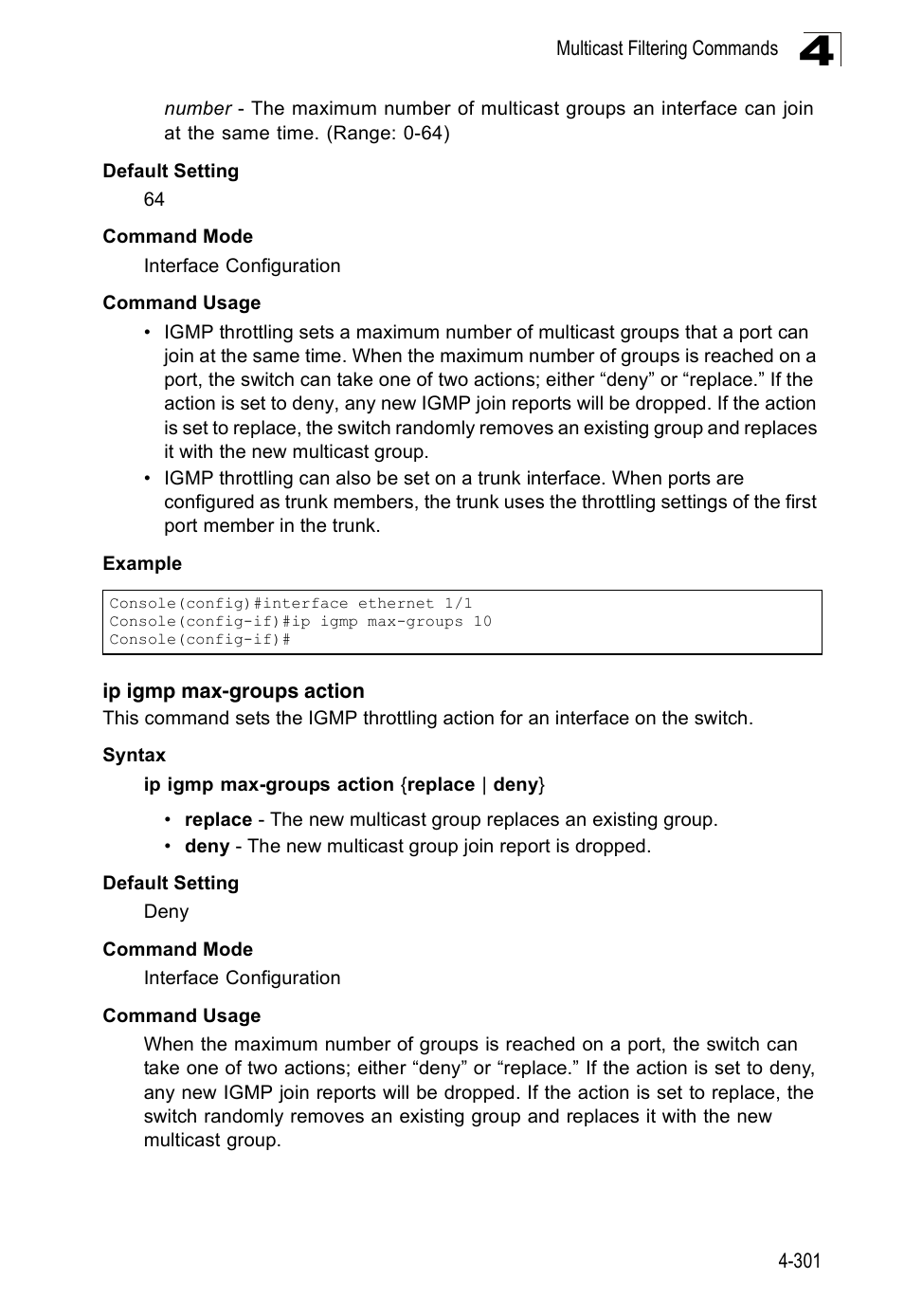 Ip igmp max-groups action | Accton Technology Edge-corE Fast Ethernet Switch ES3528M-SFP User Manual | Page 597 / 644