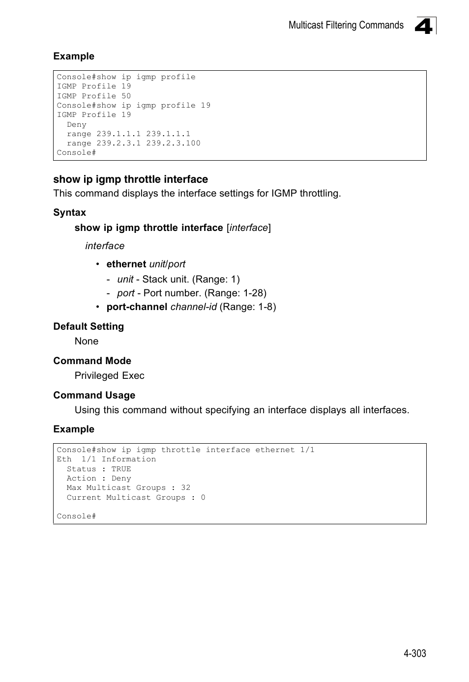 Show ip igmp throttle interface | Accton Technology Edge-corE Fast Ethernet Switch ES3528M-SFP User Manual | Page 599 / 644