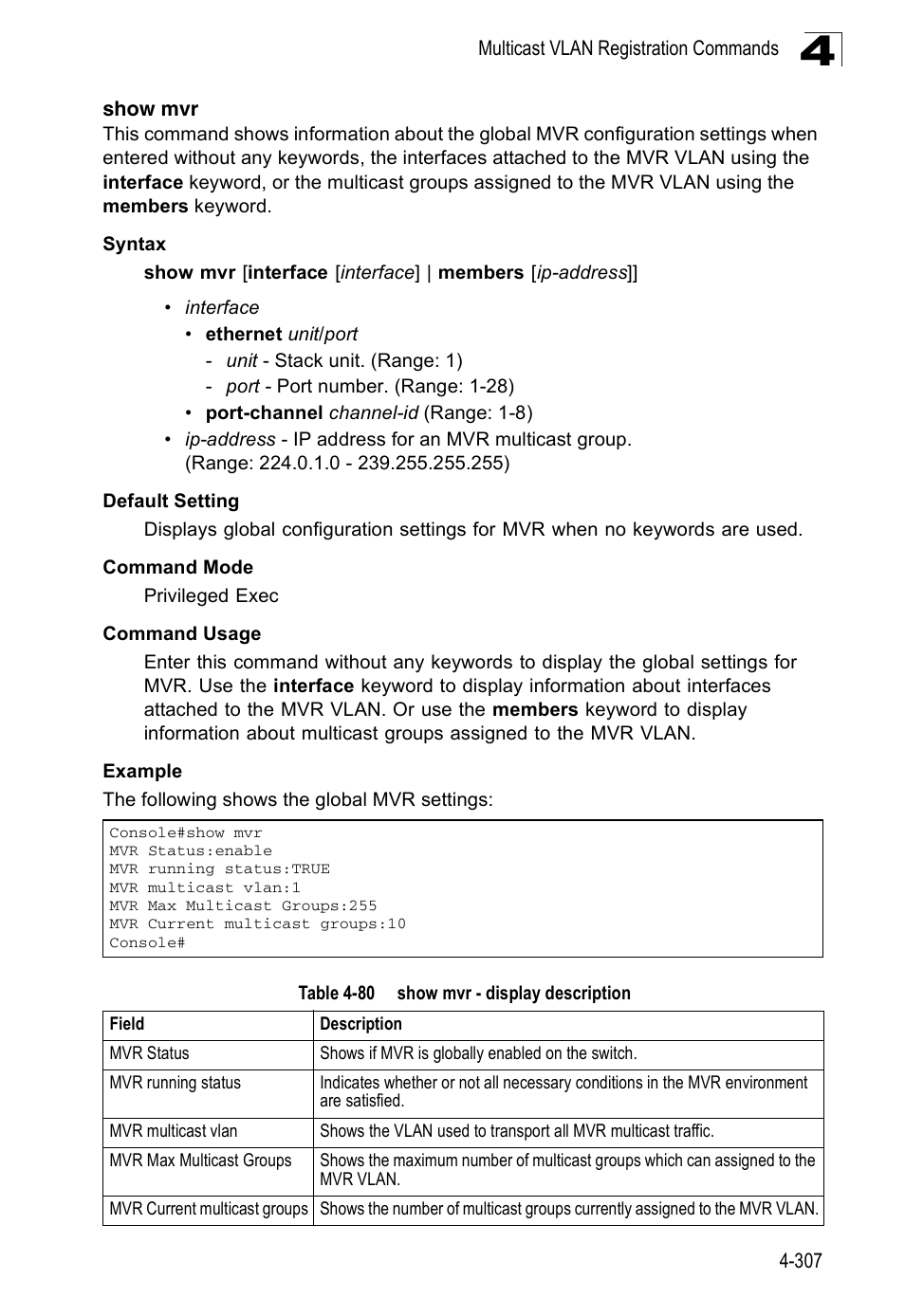 Show mvr, Table 4-80, Show mvr - display description | Accton Technology Edge-corE Fast Ethernet Switch ES3528M-SFP User Manual | Page 603 / 644