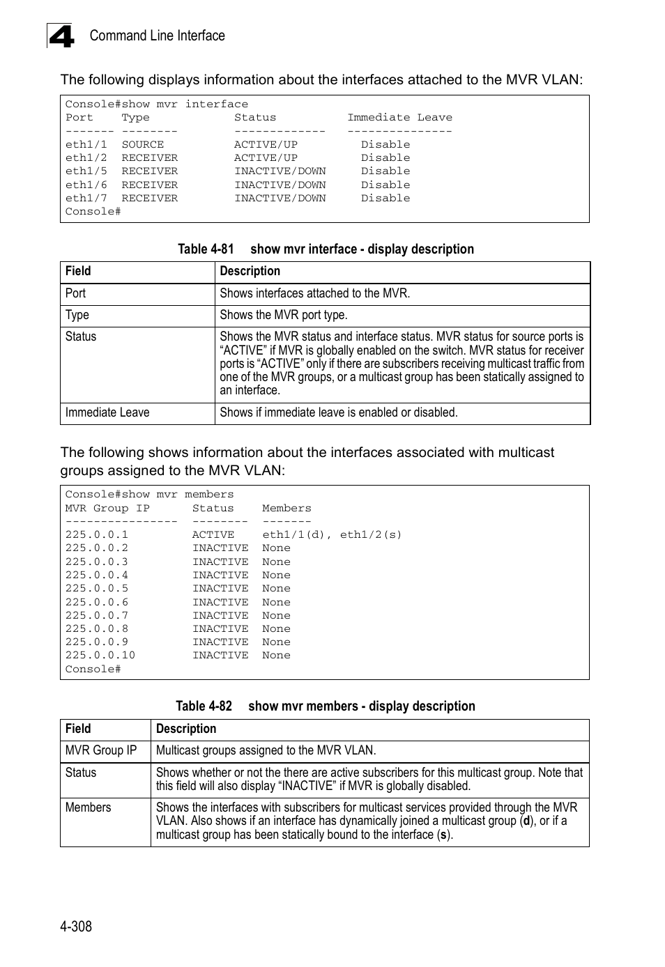 Table 4-81, Show mvr interface - display description, Table 4-82 | Show mvr members - display description | Accton Technology Edge-corE Fast Ethernet Switch ES3528M-SFP User Manual | Page 604 / 644
