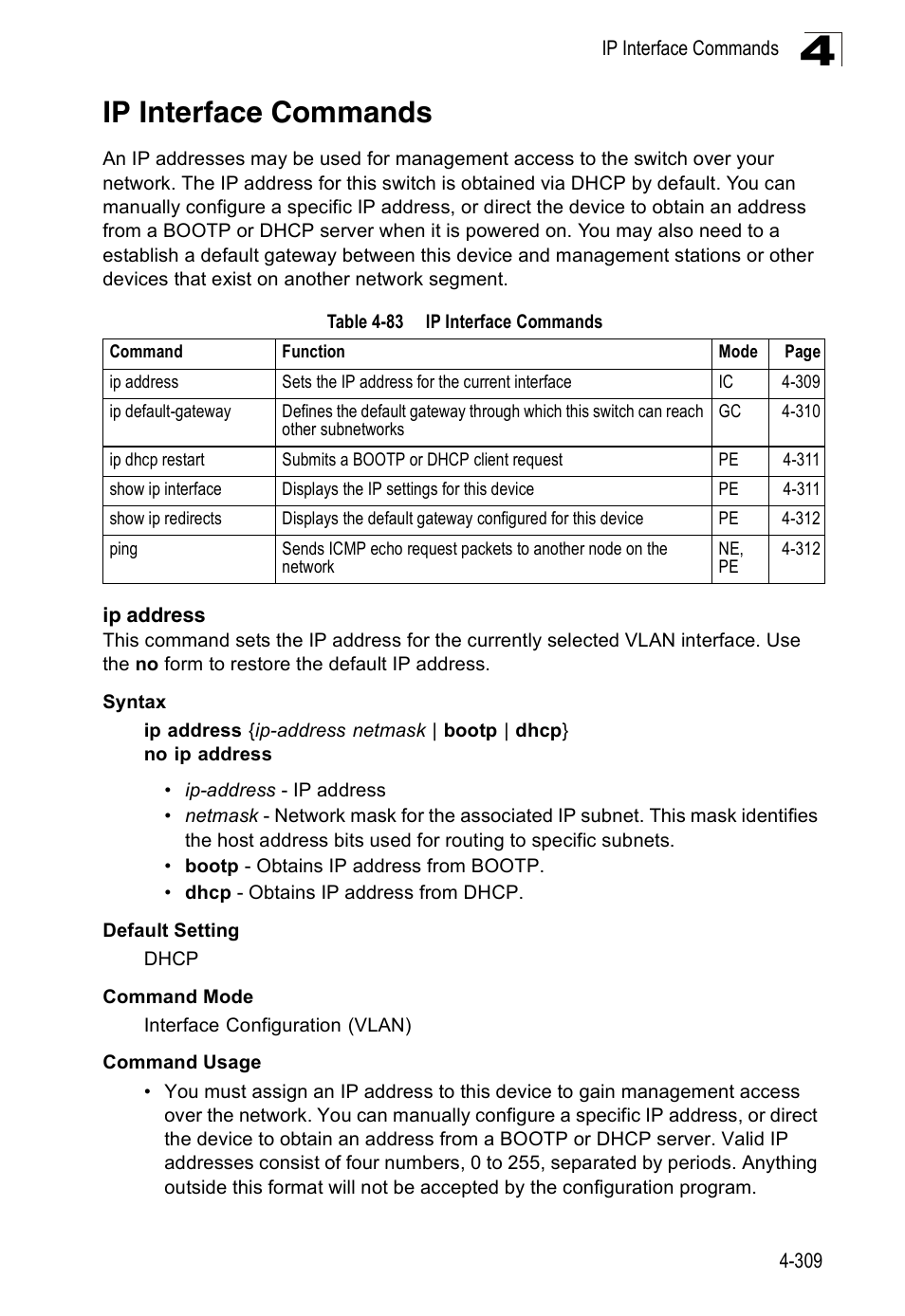 Ip interface commands, Ip address, Table 4-83 | Accton Technology Edge-corE Fast Ethernet Switch ES3528M-SFP User Manual | Page 605 / 644
