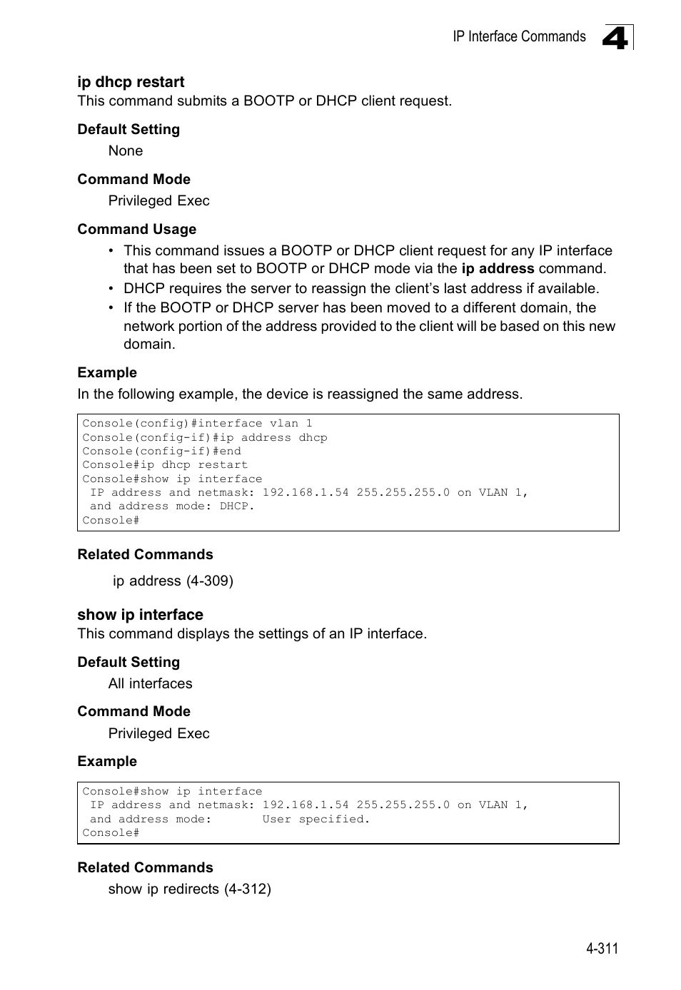 Ip dhcp restart, Show ip interface | Accton Technology Edge-corE Fast Ethernet Switch ES3528M-SFP User Manual | Page 607 / 644