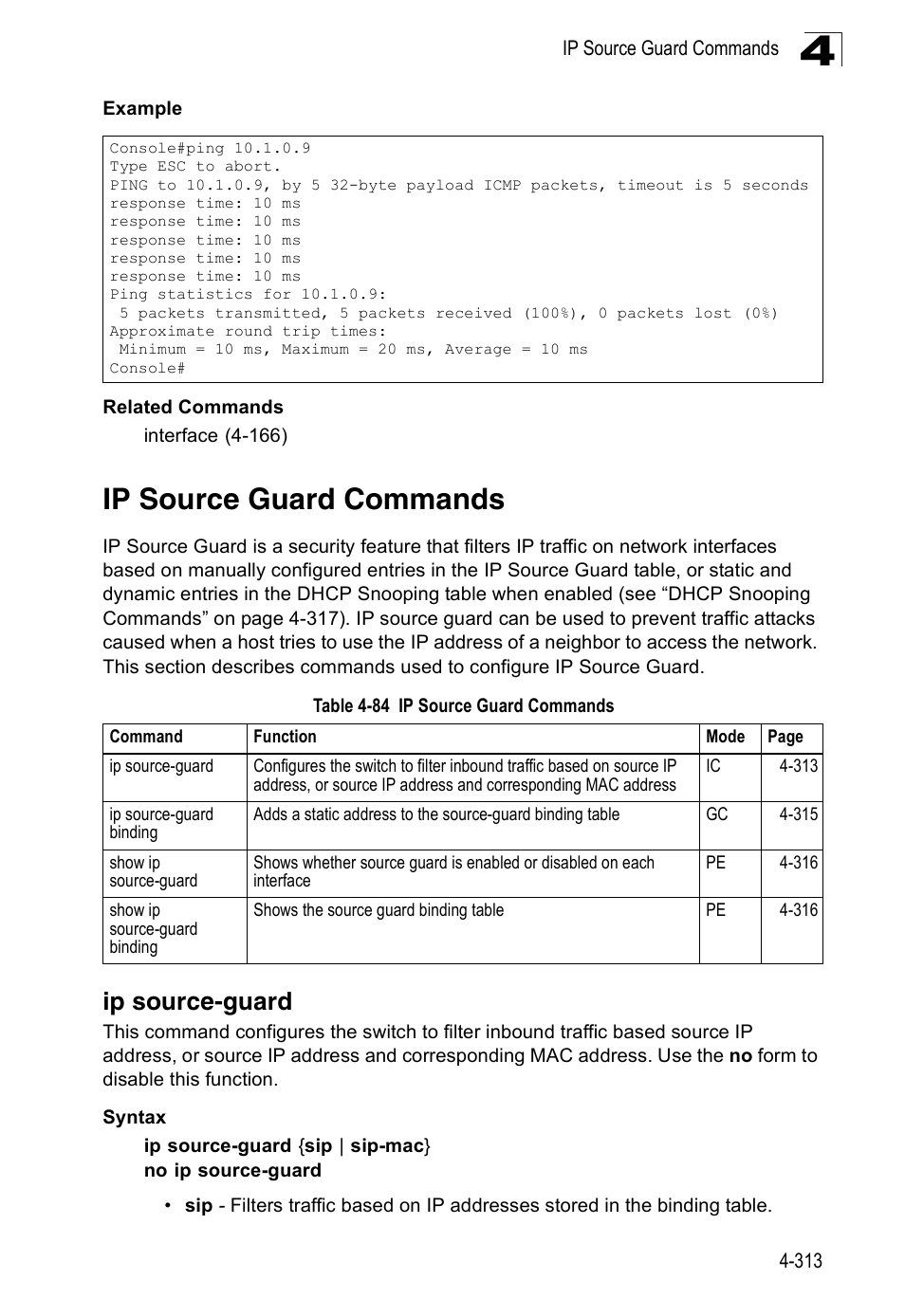 Ip source guard commands, Ip source-guard, Table 4-84 | Accton Technology Edge-corE Fast Ethernet Switch ES3528M-SFP User Manual | Page 609 / 644