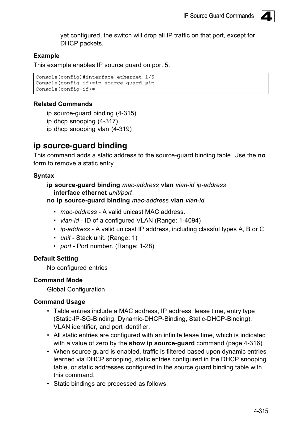 Ip source-guard binding, Source-guard binding c | Accton Technology Edge-corE Fast Ethernet Switch ES3528M-SFP User Manual | Page 611 / 644