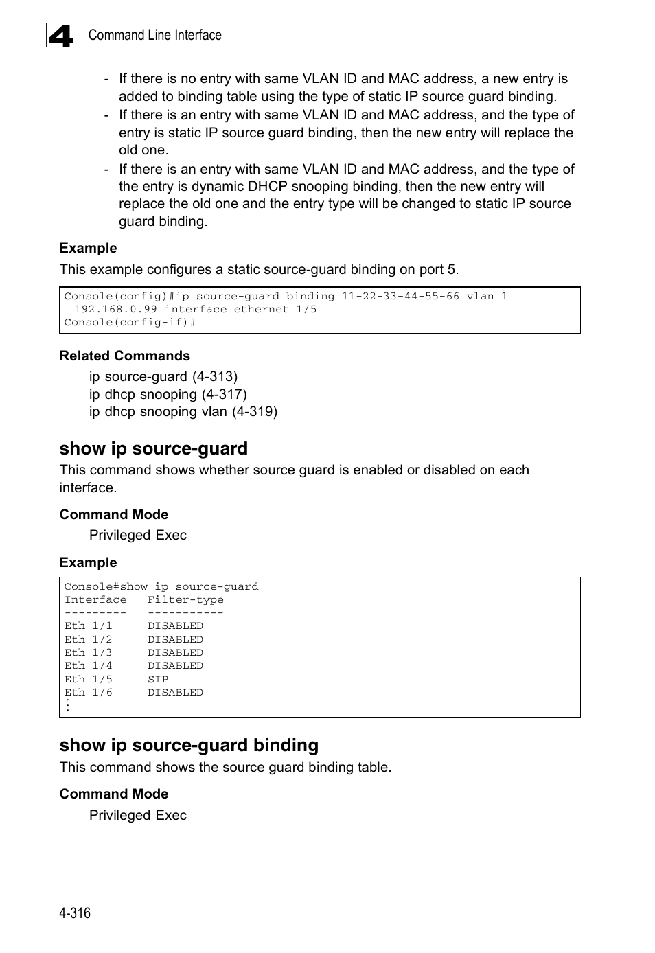 Show ip source-guard, Show ip source-guard binding, Show ip source-guard c | Accton Technology Edge-corE Fast Ethernet Switch ES3528M-SFP User Manual | Page 612 / 644
