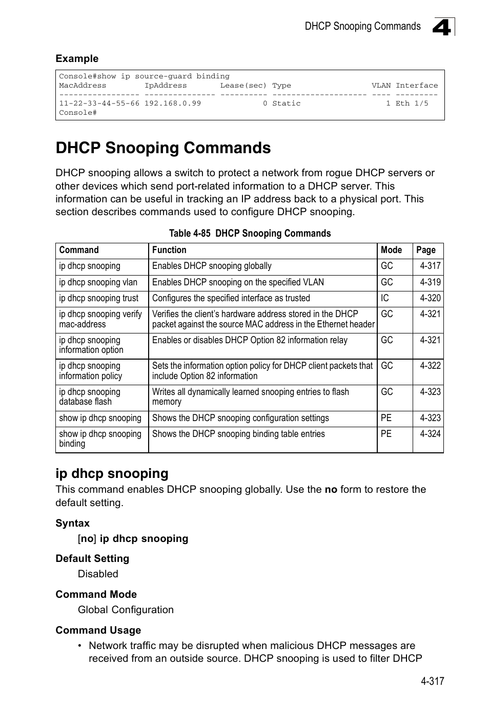 Dhcp snooping commands, Ip dhcp snooping, Table 4-85 | Ip dhcp snooping (4-317) | Accton Technology Edge-corE Fast Ethernet Switch ES3528M-SFP User Manual | Page 613 / 644