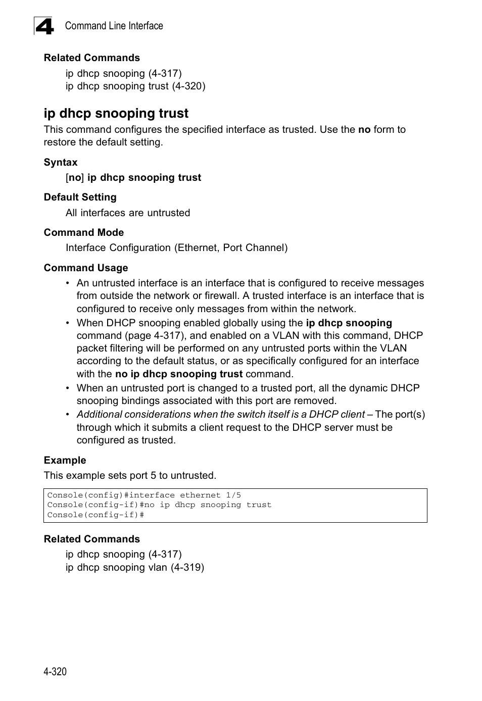 Ip dhcp snooping trust, No ip dhcp snooping trust, Ip dhcp snooping trust (4-320) | E ip dhcp snooping trust | Accton Technology Edge-corE Fast Ethernet Switch ES3528M-SFP User Manual | Page 616 / 644