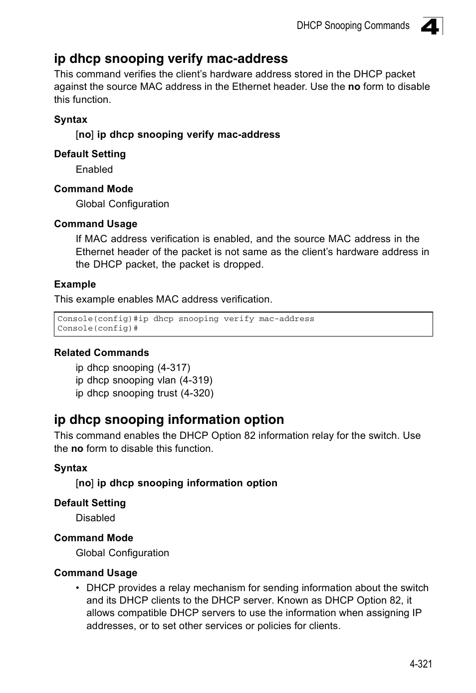 Ip dhcp snooping verify mac-address, Ip dhcp snooping information option | Accton Technology Edge-corE Fast Ethernet Switch ES3528M-SFP User Manual | Page 617 / 644