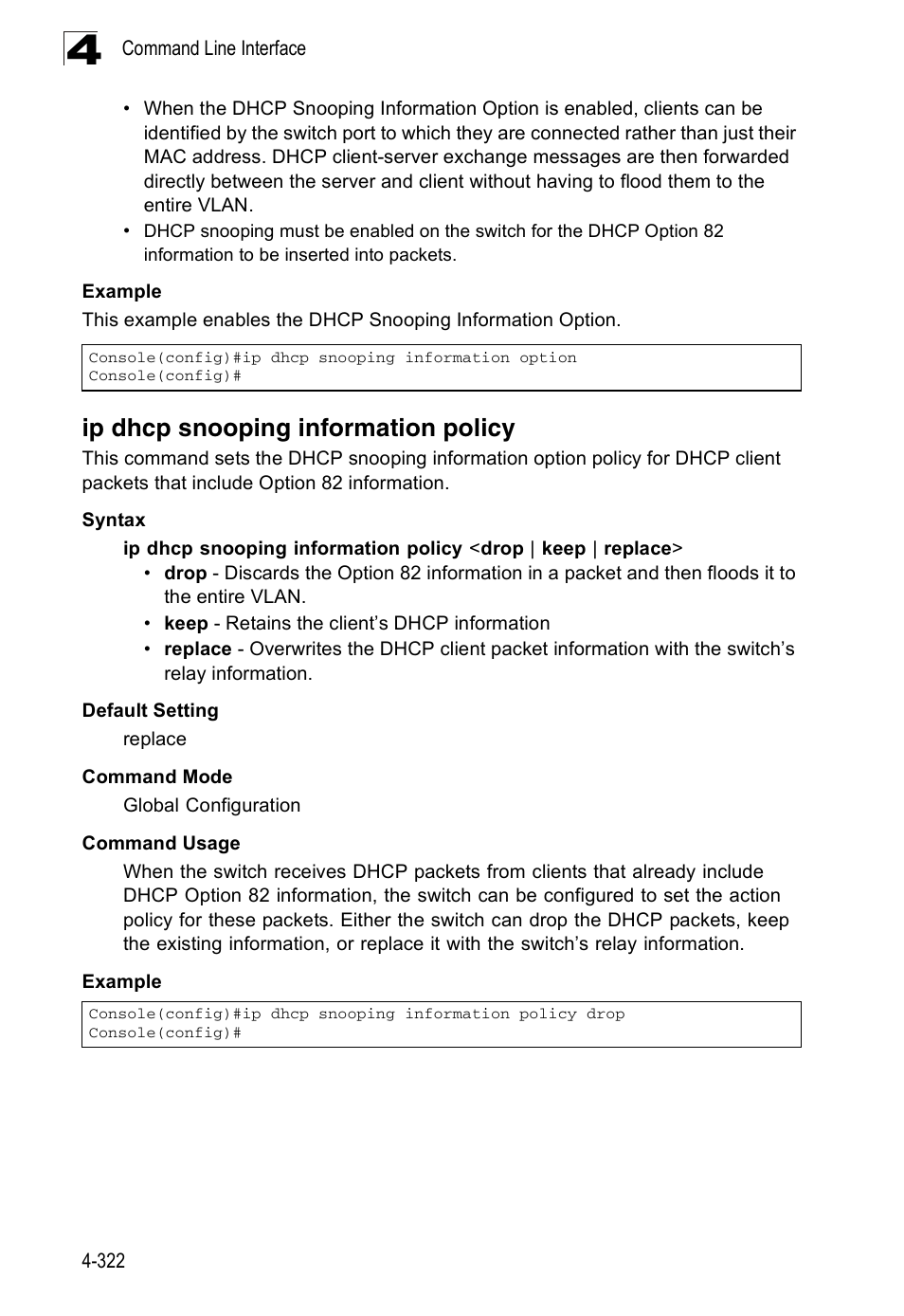 Ip dhcp snooping information policy | Accton Technology Edge-corE Fast Ethernet Switch ES3528M-SFP User Manual | Page 618 / 644