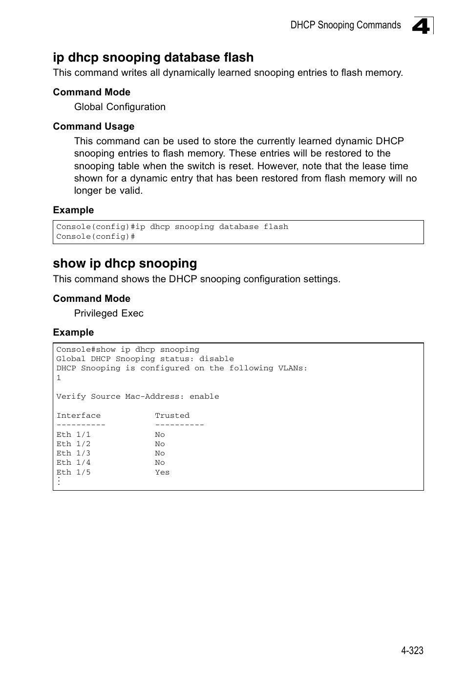 Ip dhcp snooping database flash, Show ip dhcp snooping | Accton Technology Edge-corE Fast Ethernet Switch ES3528M-SFP User Manual | Page 619 / 644
