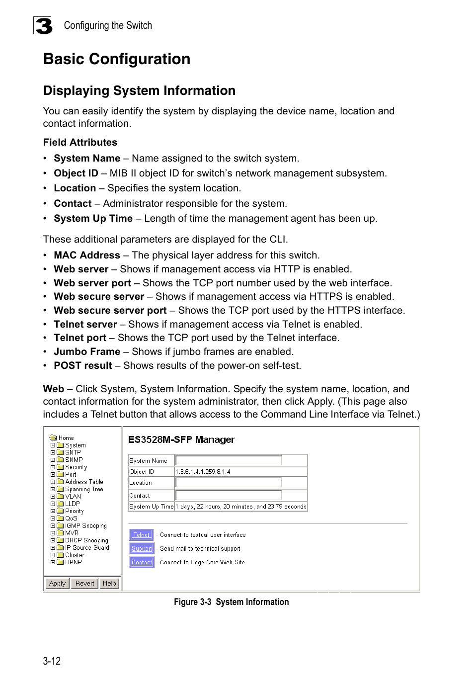 Basic configuration, Displaying system information, Figure 3-3 | System information | Accton Technology Edge-corE Fast Ethernet Switch ES3528M-SFP User Manual | Page 62 / 644