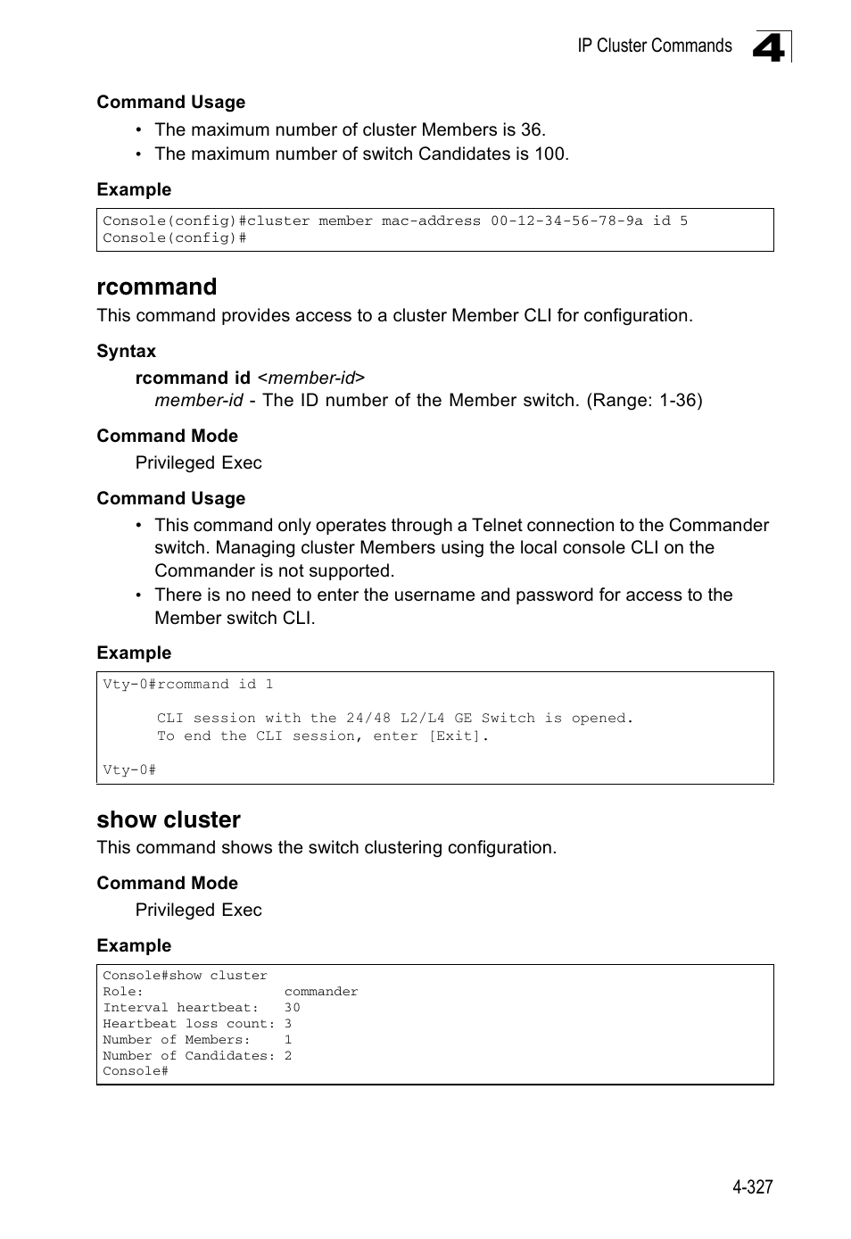Rcommand, Show cluster, Rcommand 4-327 show cluster | Accton Technology Edge-corE Fast Ethernet Switch ES3528M-SFP User Manual | Page 623 / 644
