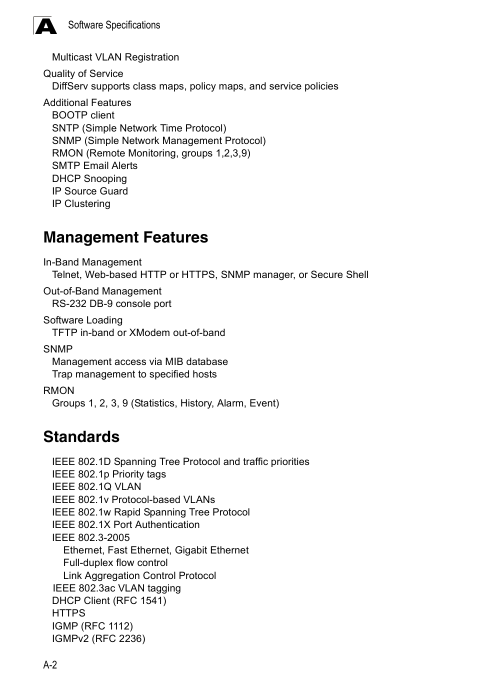 Management features, Standards, Standards a-2 | Accton Technology Edge-corE Fast Ethernet Switch ES3528M-SFP User Manual | Page 626 / 644