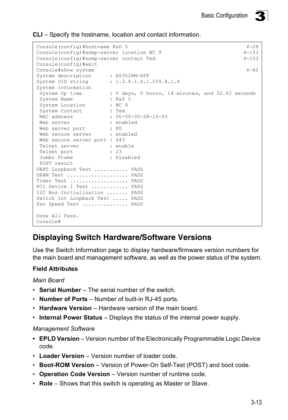 Displaying switch hardware/software versions | Accton Technology Edge-corE Fast Ethernet Switch ES3528M-SFP User Manual | Page 63 / 644