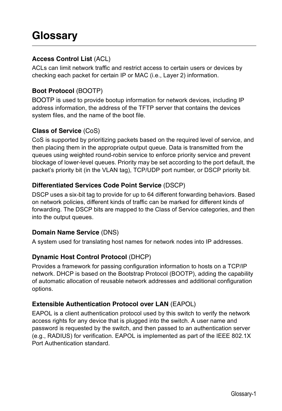 Glossary | Accton Technology Edge-corE Fast Ethernet Switch ES3528M-SFP User Manual | Page 631 / 644