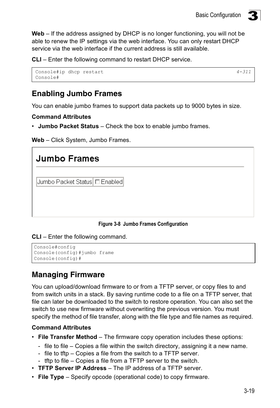 Enabling jumbo frames, Managing firmware, Figure 3-8 | Jumbo frames configuration | Accton Technology Edge-corE Fast Ethernet Switch ES3528M-SFP User Manual | Page 69 / 644