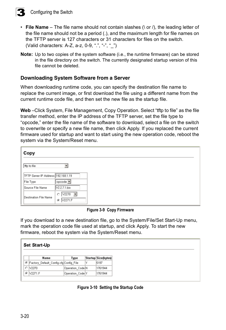 Downloading system software from a server, Figure 3-9, Copy firmware | Figure 3-10 setting the startup code | Accton Technology Edge-corE Fast Ethernet Switch ES3528M-SFP User Manual | Page 70 / 644