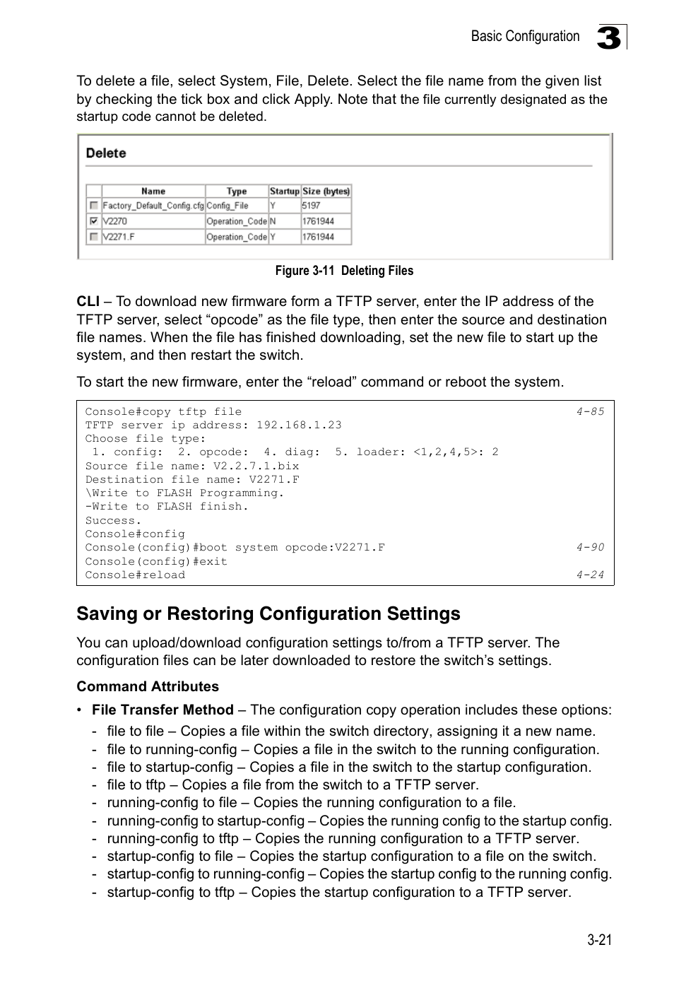 Saving or restoring configuration settings, Figure 3-11 deleting files | Accton Technology Edge-corE Fast Ethernet Switch ES3528M-SFP User Manual | Page 71 / 644
