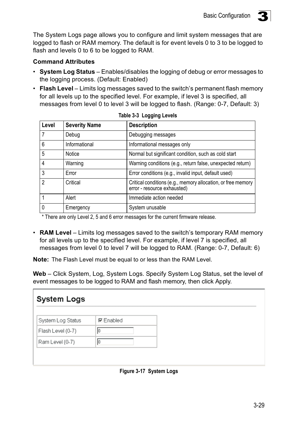 Table 3-3, Logging levels, Figure 3-17 system logs | Accton Technology Edge-corE Fast Ethernet Switch ES3528M-SFP User Manual | Page 79 / 644