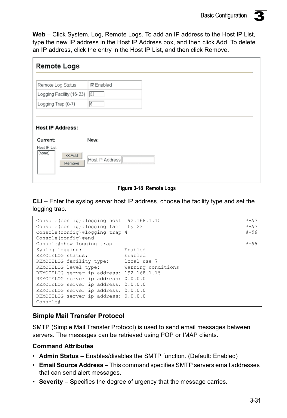 Simple mail transfer protocol, Figure 3-18 remote logs | Accton Technology Edge-corE Fast Ethernet Switch ES3528M-SFP User Manual | Page 81 / 644
