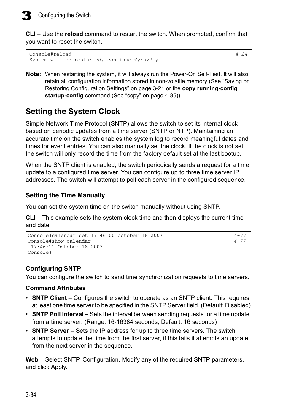 Setting the system clock, Setting the time manually, Configuring sntp | Accton Technology Edge-corE Fast Ethernet Switch ES3528M-SFP User Manual | Page 84 / 644