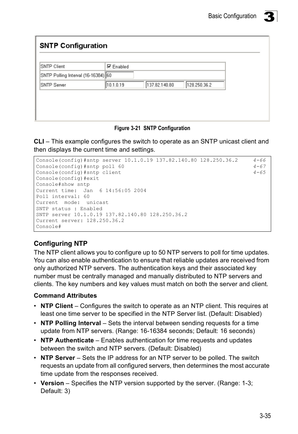 Configuring ntp, Figure 3-21 sntp configuration | Accton Technology Edge-corE Fast Ethernet Switch ES3528M-SFP User Manual | Page 85 / 644