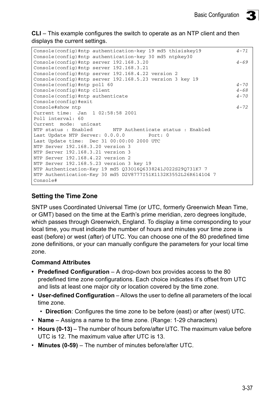 Setting the time zone | Accton Technology Edge-corE Fast Ethernet Switch ES3528M-SFP User Manual | Page 87 / 644