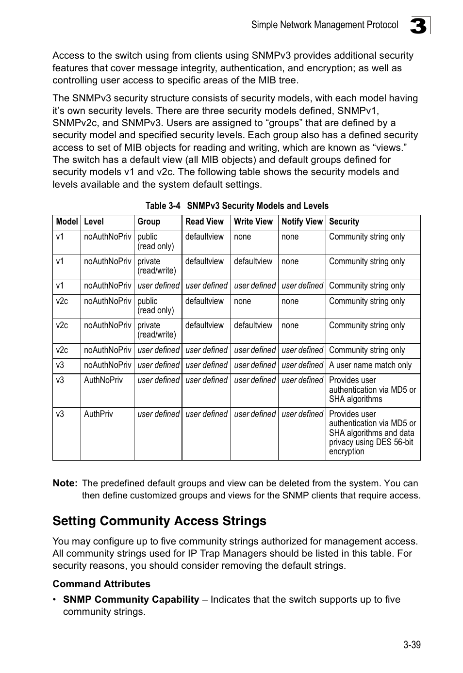 Setting community access strings | Accton Technology Edge-corE Fast Ethernet Switch ES3528M-SFP User Manual | Page 89 / 644