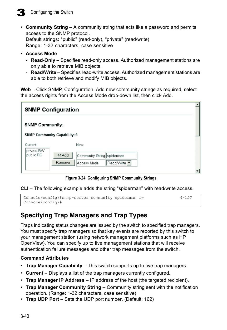 Specifying trap managers and trap types, Figure 3-24 configuring snmp community strings | Accton Technology Edge-corE Fast Ethernet Switch ES3528M-SFP User Manual | Page 90 / 644