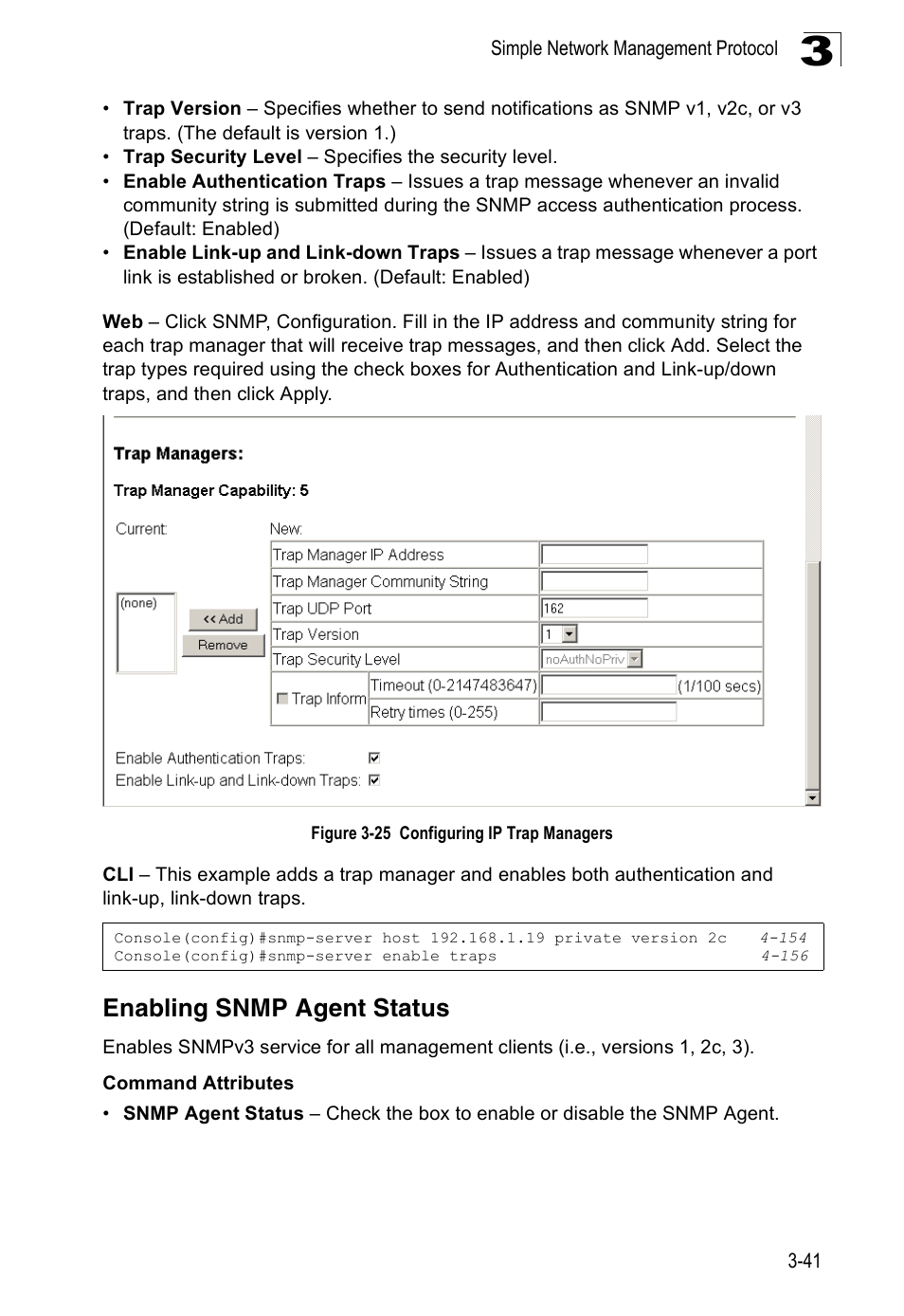 Enabling snmp agent status, Figure 3-25 configuring ip trap managers | Accton Technology Edge-corE Fast Ethernet Switch ES3528M-SFP User Manual | Page 91 / 644