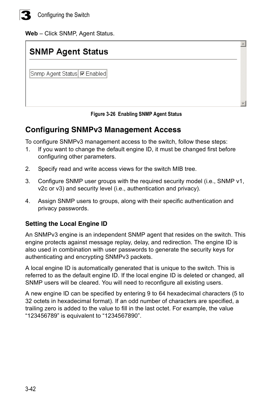 Configuring snmpv3 management access, Setting the local engine id, Figure 3-26 enabling snmp agent status | Accton Technology Edge-corE Fast Ethernet Switch ES3528M-SFP User Manual | Page 92 / 644
