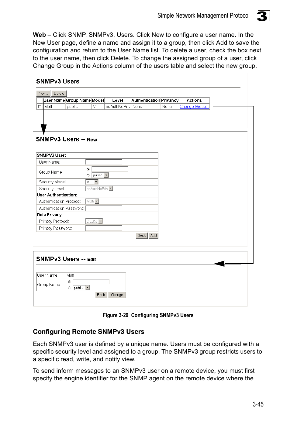 Configuring remote snmpv3 users, Figure 3-29 configuring snmpv3 users | Accton Technology Edge-corE Fast Ethernet Switch ES3528M-SFP User Manual | Page 95 / 644