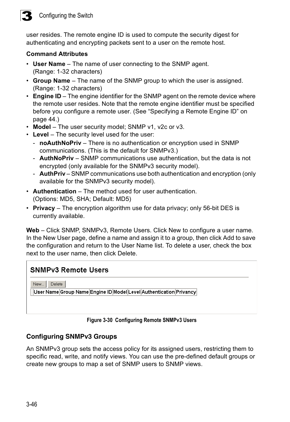 Configuring snmpv3 groups, Figure 3-30 configuring remote snmpv3 users | Accton Technology Edge-corE Fast Ethernet Switch ES3528M-SFP User Manual | Page 96 / 644