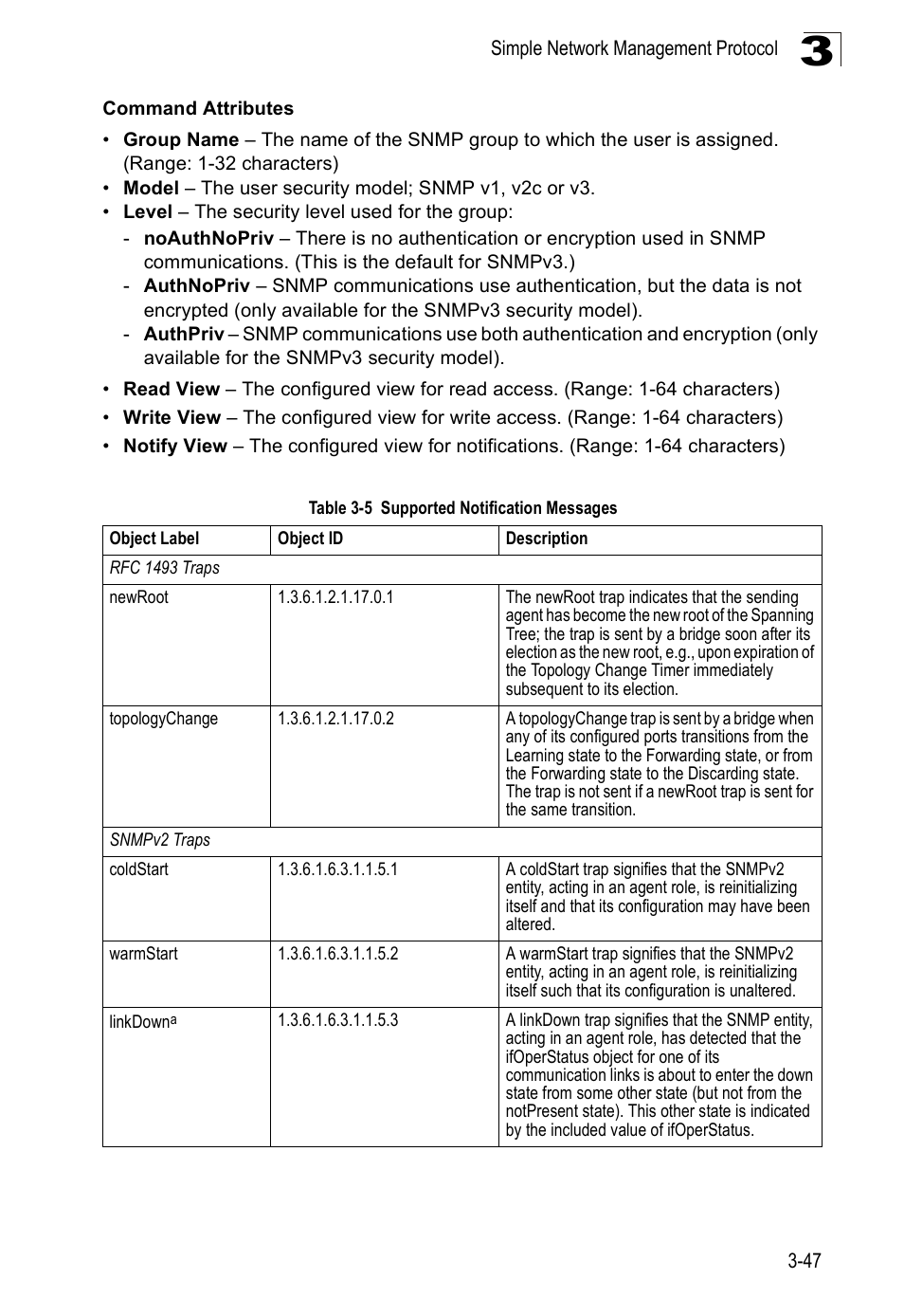 Table 3-5, Supported notification messages | Accton Technology Edge-corE Fast Ethernet Switch ES3528M-SFP User Manual | Page 97 / 644