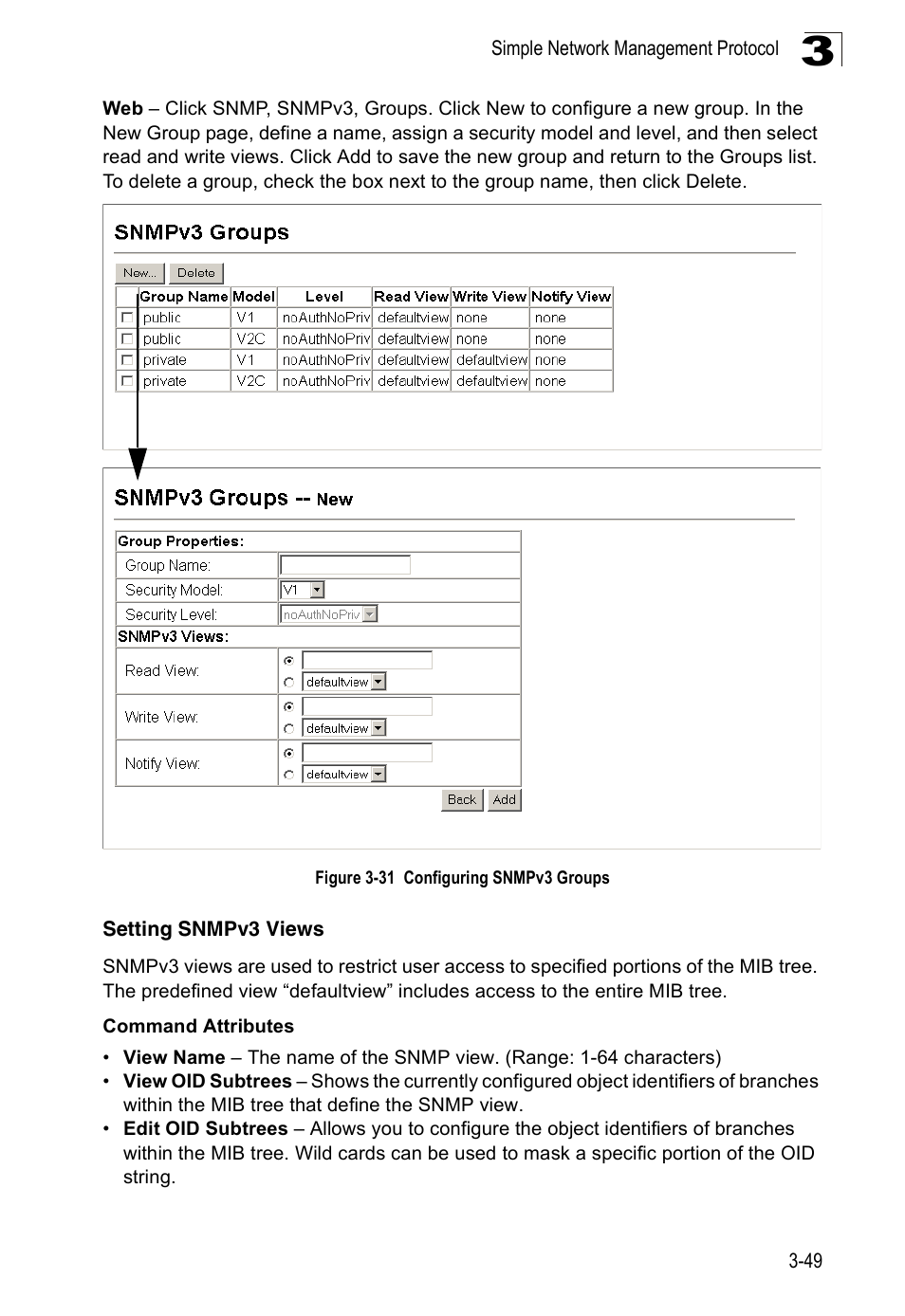 Setting snmpv3 views, Figure 3-31 configuring snmpv3 groups | Accton Technology Edge-corE Fast Ethernet Switch ES3528M-SFP User Manual | Page 99 / 644