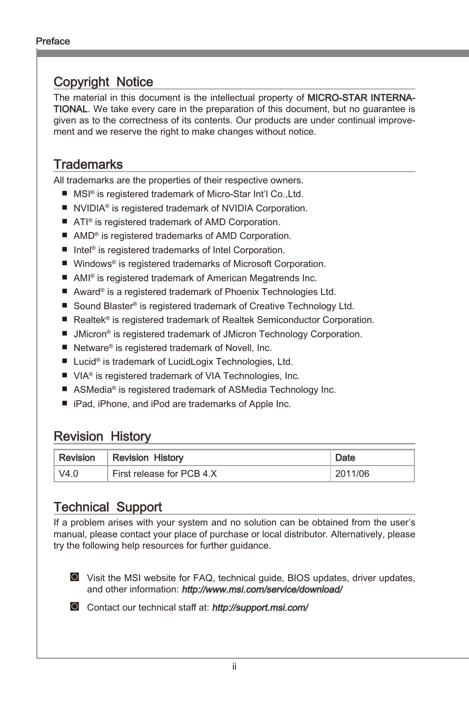 Copyright notice, Trademarks, Revision history | Technical support, Preface, Copyrght notce, Revson hstory, Techncal support | MSI 990XA-GD55 User Manual | Page 2 / 74